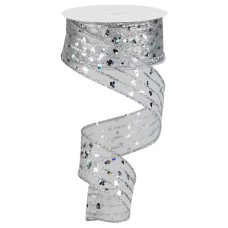 1.5 Inch Silver Organza Wired Christmas Ribbon With Silver Stripes, Spangles and Edges. 10 Yards Per Spool (Lot of 1 Spool) SALE ITEM